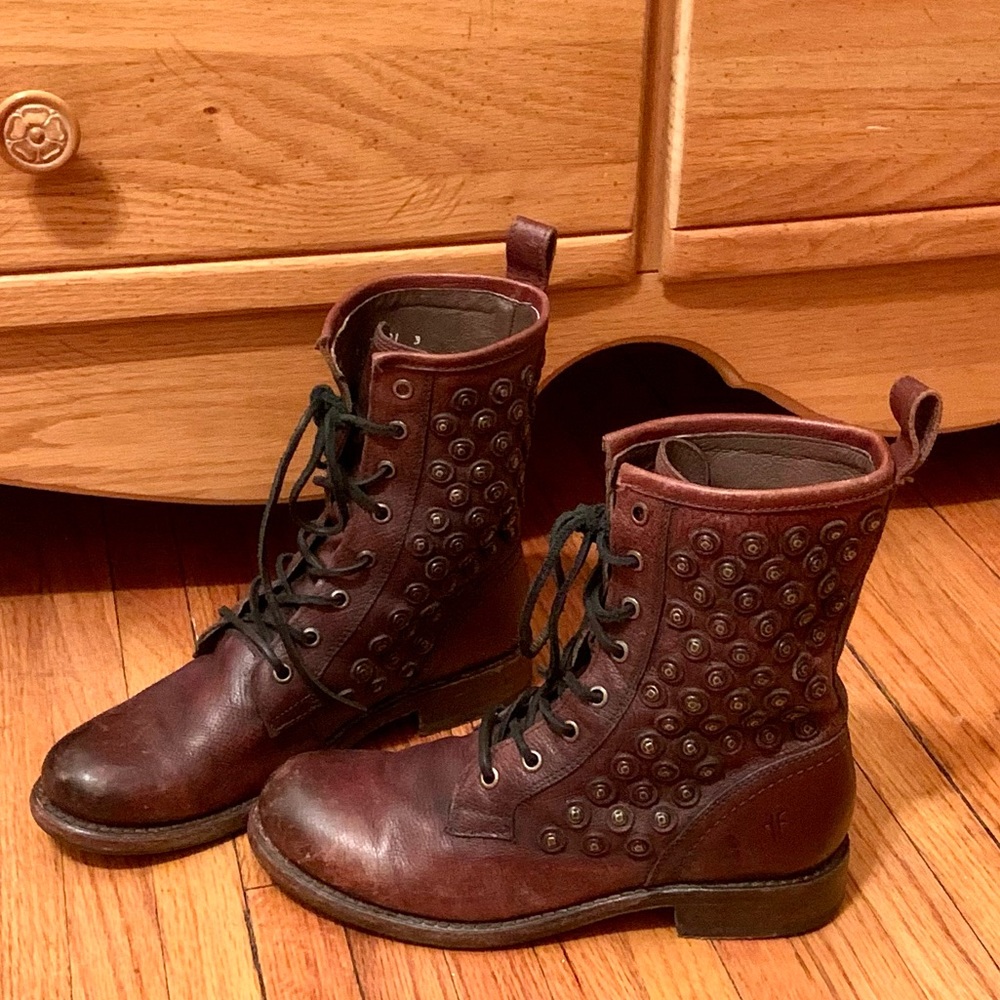 Brown Frye Jenna Disc Studded Combat Boots, 8